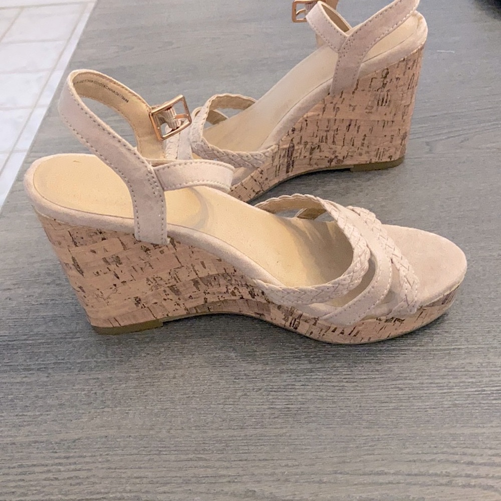 Time and true wedges light tan suede with gold buckle. Never worn. New. size 7.5